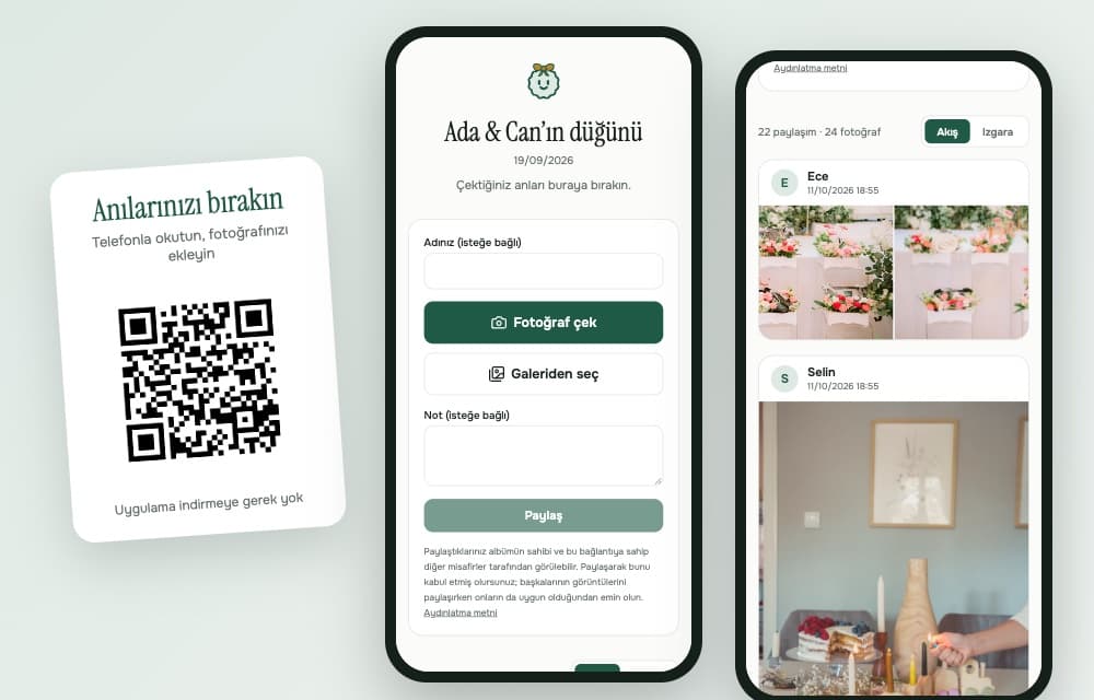 Albümün QR kartı ve telefonda açılan albüm: fotoğraf çekme düğmesi ve misafirlerin eklediği fotoğraflar